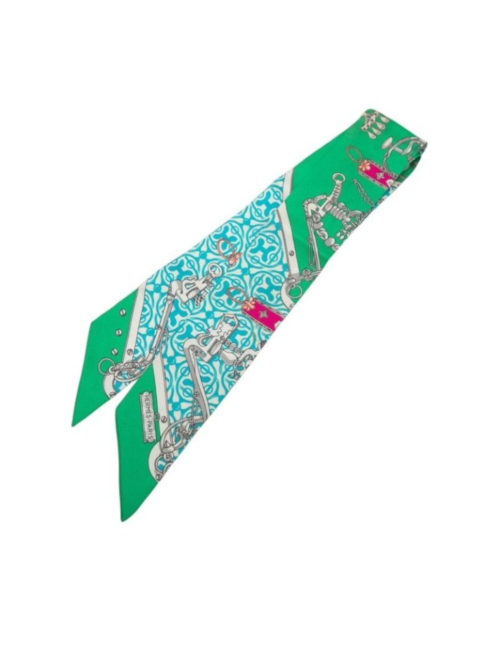 Hermes Twilly Equestrian and Chains Mors Et Gourmettes Remix Scarf Green